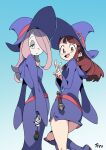  2girls boots brown_eyes brown_hair from_behind hair_over_one_eye half-closed_eyes hat highres kagari_atsuko little_witch_academia long_hair looking_at_viewer looking_back luna_nova_school_uniform miniskirt multiple_girls nail_polish open_mouth optionaltypo pale_skin pink_hair school_uniform signature simple_background skirt smile sucy_manbavaran v wand witch witch_hat 