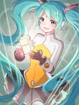  1girl absurdly_long_hair aoiyui aqua_eyes aqua_hair black_gloves black_skirt bodysuit commentary floating gloves glowing grey_bodysuit hair_ornament hatsune_miku headphones holding long_hair miniskirt odds_&amp;_ends_(vocaloid) open_mouth orange_bodysuit partially_fingerless_gloves pleated_skirt robot skirt smile speaker twintails very_long_hair vocaloid 