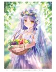  1girl alternate_costume angel_beats! apple basket bridal_veil dress flat_chest flower food fruit goto_p grapes hair_flower hair_ornament highres jewelry leaf lemon long_hair looking_at_viewer necklace orange_(food) pear plant silver_hair solo_focus sparkle tenshi_(angel_beats!) veil vines white_dress yellow_eyes 