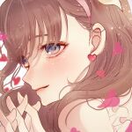  1girl bangs blush brown_hair earrings eyelashes glint hair_ornament hairband hands_clasped hands_up head heart heart_earrings heart_print idolmaster idolmaster_cinderella_girls jewelry lipgloss looking_away looking_to_the_side own_hands_together peach_punch sakuma_mayu simple_background smile solo white_background 