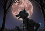  anthro beastars black_nose bloodmoon canid canine canis claws clothed clothing dark hi_res legoshi_(beastars) light male mammal moon moonlight necktie night plant poker_(artist) solo star teeth tree turquoise_fur wolf 