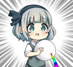  1girl :d aqua_eyes bangs black_hairband black_ribbon blunt_bangs blush bob_cut collared_shirt commentary_request emphasis_lines eyebrows_visible_through_hair grey_skirt grey_vest hair_ribbon hairband highres hitodama holding konpaku_youmu konpaku_youmu_(ghost) looking_down open_mouth pegashi pleated_skirt rainbow_gradient ribbon shirt short_hair silver_hair simple_background skirt sleeves_past_elbows sleeves_rolled_up smile solo touhou upper_body vest vomiting_rainbows white_background white_shirt 