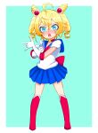  1girl \m/ absurdres ahoge back_bow bishoujo_senshi_sailor_moon blonde_hair blue_background blue_eyes blush boots border bow choker cosplay drill_hair elbow_gloves gloves highres jack-haniwa looking_at_viewer open_mouth pleated_skirt pose red_choker red_footwear sailor_moon sailor_moon_(cosplay) sailor_senshi sailor_senshi_uniform simple_background skirt solo tanya_degurechaff twin_drills wavy_eyes white_border white_gloves youjo_senki 