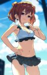  1girl alice_gear_aegis ass ass_visible_through_thighs bikini bikini_skirt black_skirt breasts brown_eyes brown_hair cleavage cloud hand_on_hip hand_on_own_chest highres long_hair microskirt navel om_(nk2007) outdoors skirt sky smile solo swimsuit thighs twintails white_bikini 