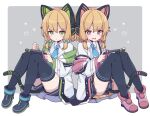  :&lt; black_legwear blue_archive blush cat_ear_headphones commentary_request full_body green_eyes hair_ribbon headphones highres midori_(blue_archive) momoi_(blue_archive) open_mouth playing_games red_eyes ribbon shoes short_hair shorts siblings simple_background sitting thighhighs twins yoshida_makura 