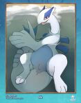  absurd_res anus bedroom_eyes female feral genitals hi_res honeymono legendary_pok&eacute;mon looking_at_viewer lugia lying narrowed_eyes nintendo on_back outside partially_submerged pok&eacute;mon pok&eacute;mon_(species) pussy seductive solo tail_grab video_games water 