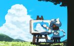  black_eyes canvas_(object) cloud commentary_request day gen_2_pokemon grass highres hill no_humans one-hour_drawing_challenge outdoors painting palette pokemon pokemon_(creature) rend sitting sky smeargle solo stool 