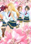  4girls ^_^ black_hair blonde_hair brown_hair cherry_blossoms closed_eyes hair_ornament hand_on_hip holding_hand iizuka_yuzu ikeno_kaede long_hair looking_at_another minami_shizuku multiple_girls noda_kotone petals sakura_trick school_uniform short_hair tachi_(gutsutoma) 