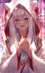  1girl :d absurdres animal_ears animal_hood bangs blurry blurry_background blurry_foreground blush brown_eyes commentary_request depth_of_field eyebrows_visible_through_hair fake_animal_ears flower grey_hair hair_between_eyes hands_together hands_up highres hood hood_up japanese_clothes jewelry kimono long_hair long_sleeves looking_at_viewer obi open_mouth original own_hands_together purple_flower ring sash smile solo suisen-21 uchikake upper_body white_kimono wide_sleeves wisteria 