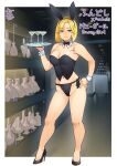  1girl animal_ears black_legwear blonde_hair blue_eyes bottle breasts bunny_ears champagne_tower cocktail_glass cup drinking_glass fake_animal_ears fundoshi hand_on_hip high_heels japanese_clothes mole mole_on_breast mole_under_eye navel neone original playboy_bunny short_hair smile tray wrist_cuffs 