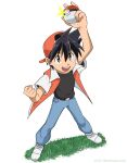  1boy :d arm_up artist_name backwards_hat bangs baseball_cap belt belt_buckle black_hair black_shirt brown_eyes buckle clenched_hand commentary_request dated denim grass hair_between_eyes hand_up hat highres holding holding_poke_ball jacket jeans kibisakura2 legs_apart looking_up male_focus open_clothes open_jacket open_mouth pants poke_ball poke_ball_(basic) pokemon pokemon_adventures red_(pokemon) red_headwear shirt shoes short_sleeves smile solo standing teeth white_footwear 