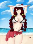  1girl absurdres bikini breasts fairy_tail hat highleg highleg_bikini highleg_swimsuit highres irene_belserion large_breasts long_hair red_hair roklus sarong skirt sun_hat swimsuit 
