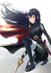  1girl ameno_(a_meno0) blue_eyes blue_hair boots cape falchion_(fire_emblem) fire_emblem fire_emblem_awakening gloves long_hair long_sleeves lucina_(fire_emblem) simple_background solo sword symbol-shaped_pupils tiara weapon wind 