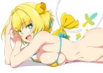  +_+ 1girl :d bikini blonde_hair blue_eyes bombergirl bottomless breasts fang large_breasts looking_at_viewer lying navel on_stomach open_mouth pine_(bombergirl) short_hair simple_background skin_fang smile solo swimsuit tottotonero white_background yellow_bikini 