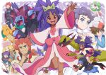  4girls 5boys :&lt; :d absurdres alder_(pokemon) bangs baseball_cap blonde_hair blue_eyes brown_hair caitlin_(pokemon) cape choker clenched_hand clenched_hands closed_eyes closed_mouth coin commentary_request crossed_arms crying dark_skin dark_skinned_female dark_skinned_male deino_(pokemon) diantha_(pokemon) dragonite dress dual_persona elite_four eyelashes facial_hair gardevoir gen_1_pokemon gen_3_pokemon gen_5_pokemon glasses grimsley_(pokemon) hair_between_eyes hair_rings hand_on_headwear hand_up hat haxorus highres hilbert_(pokemon) hydreigon iris_(pokemon) jacket jewelry knees lance_(pokemon) long_hair long_sleeves looking_at_viewer marshal_(pokemon) mega_gardevoir mega_pokemon multicolored_hair multiple_boys multiple_girls necklace one_eye_closed open_mouth outstretched_arms pants parted_lips pink_footwear poke_ball pokemoa pokemon pokemon_(creature) pokemon_(game) pokemon_bw pokemon_hgss pokemon_xy purple_hair red_eyes red_hair running sandals scarf shauntal_(pokemon) shiny shiny_skin shoes short_hair smile spiked_hair star_(symbol) teeth tiara toes tongue two-tone_hair very_short_hair white_choker wide_sleeves yellow_scarf 