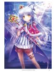  1girl alternate_costume angel_beats! angel_wings bell capelet contrapposto crown frilled_shorts frills fur-trimmed_capelet fur_trim gloves goto_p highres long_hair looking_at_viewer magical_girl mini_crown puffy_shorts red_capelet red_shorts shorts silver_hair solo star_(symbol) star_print stripe_shirt tenshi_(angel_beats!) wand white_gloves white_wings wings yellow_eyes 