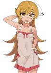  1girl arm_behind_head arm_up armpits bakemonogatari bangs bare_shoulders blonde_hair breasts collarbone cowboy_shot dress eyebrows_visible_through_hair fang hair_between_eyes hand_on_hip hand_on_own_head highres jitome long_hair looking_at_viewer monogatari_(series) nakta open_mouth oshino_shinobu simple_background small_breasts solo spoken_squiggle squiggle symbol_commentary very_long_hair white_background white_dress yellow_eyes 