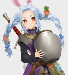  1girl animal_ear_fluff animal_ears bag bangs belt blush braid brown_belt bunny_ears bunny_tail carrot carrot_hair_ornament character_hair_ornament closed_mouth cosplay dragon_quest dragon_quest_xi dress food_themed_hair_ornament gotoh510 hair_ornament hero_(dq11) hero_(dq11)_(cosplay) holding hololive light_blue_hair long_hair long_sleeves looking_at_viewer messenger_bag orange_eyes parted_bangs paw_print purple_dress short_eyebrows shoulder_bag signature slime_(dragon_quest) solo sword tail thick_eyebrows twin_braids urn usada_pekora virtual_youtuber weapon white_background 