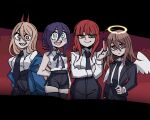  +_+ 1boy 3girls alcohol angel angel_devil_(chainsaw_man) angel_wings arm_behind_back black_jacket black_skirt blue_jacket brown_eyes brown_hair chainsaw_man choker cup demon_girl demon_horns drinking_glass evil_smile feathered_wings formal halo hell helltaker highres horns jacket long_hair long_sleeves makima_(chainsaw_man) multiple_girls off_shoulder parody pencil_skirt pink_hair ponytail power_(chainsaw_man) red_hair red_horns reze_(chainsaw_man) sharp_teeth shirt skirt sleeveless smile style_parody teeth udonmaru_men vanripper_(style) white_shirt white_wings wine wine_glass wings yellow_eyes 