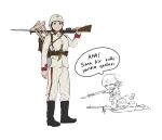  1girl ammunition_belt battlefield_1 bayonet boots crutch dagger gloves goggles gun helmet holding holding_weapon knife long_hair machine_gun medic military military_uniform pouch rifle ryan_greythorn soldier standing translation_request uniform weapon world_war_i 