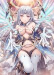  1girl akkijin armor bikini bikini_armor breasts elbow_gloves gloves halo large_breasts long_hair looking_at_viewer official_art oracle_(shinkai_no_valkyrie) rainbow shinkai_no_valkyrie silver_hair sky stomach swimsuit sword thighhighs tiara weapon white_gloves wings yellow_eyes 
