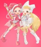  2girls :d ;d bangs blonde_hair boots brown_eyes double_bun dress earrings full_body gloves gotoh510 harukaze_doremi hat highres holding holding_wand jester_cap jewelry knee_boots long_hair looking_at_viewer low_twintails makihatayama_hana multiple_girls ojamajo_doremi one_eye_closed open_mouth outstretched_arm pink_background pink_dress pink_eyes pink_footwear pink_gloves pink_headwear pleated_dress pleated_skirt puffy_short_sleeves puffy_sleeves red_hair short_hair short_sleeves skirt smile standing twintails very_long_hair wand white_dress white_footwear white_gloves white_headwear witch_hat 