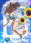 1girl absurdres bag barefoot blue_eyes breasts cloud earth_(planet) fish floating_hair flower from_side goldfish hair_behind_ear handbag highres jumping large_breasts looking_down nanase_miri open_hands open_mouth original paper_airplane planet red_nails sharp_teeth sky smile solo sun sunflower teeth 