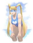  1girl alternate_costume asymmetrical_bangs bangs blonde_hair blue_eyes blue_sky blue_swimsuit breasts cleavage cloud collarbone commentary_request day hands_on_own_knees heart horizon large_breasts leaning_forward long_hair looking_at_viewer noppo_(tarstation) ocean one-piece_swimsuit open_mouth outdoors rainbow_mika shiny shiny_hair sky solo standing street_fighter street_fighter_v swimsuit toned twintails very_long_hair white_background wrestling_mask wristband 
