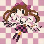  1girl arm_behind_head black_legwear black_neckwear brown_hair cellphone cellphone_charm checkered checkered_background checkered_skirt chibi closed_mouth cobalta collared_shirt commentary_request eyebrows_visible_through_hair geta hair_ribbon hat himekaidou_hatate long_hair multicolored multicolored_background multicolored_clothes multicolored_skirt necktie phone pink_ribbon pointy_ears pouch ribbon shirt skirt smile tengu-geta tokin_hat touhou twintails white_shirt wings 