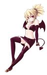  1girl absurdres bat_wings blonde_hair boa_(brianoa) breasts demon_girl detached_sleeves disgaea earrings highres jewelry looking_at_viewer pointy_ears red_eyes rozalin short_hair simple_background skirt solo tail white_background wings 