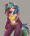  2019 anthro anthrofied belt belt_buckle black_eyeshadow blue_eyes bottomwear clothing equid equine eyeshadow female friendship_is_magic hi_res horn jacket makeup mammal my_little_pony pants ponsex purple_eyes shirt solo tank_top topwear unicorn vinyl_scratch_(mlp) 