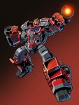  1boy arm_cannon arm_mounted_weapon autobot cannon clenched_hand ground_vehicle ironhide mecha motor_vehicle open_mouth pose red_background red_theme tire transformers transformers_prime truck weapon wheel yasukuni_kazumasa yellow_eyes 
