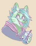  anthro beverage blue_hair bubble_tea canid canine canis clothed clothing cute_expression excited fan_character felid female fluffy fur green_body green_fur green_hair hair happy hybrid jacket jumper mammal pantherine princess_lemonchan purple_eyes shirt shorthair smile solo striped_body striped_fur stripes stripes_(marking) tank_top tiger topwear wolf yellow_eyes 