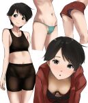  1girl bike_shorts black_eyes black_hair black_panties breasts downblouse extended_downblouse green_panties groin highres hood hoodie kantai_collection midriff mogami_(kancolle) navel panties red_hoodie red_shorts short_hair short_shorts shorts small_breasts smile solo sports_bra tama_(seiga46239239) underwear 