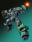  1boy arm_cannon arm_mounted_weapon autobot cannon clenched_hand green_background green_theme ground_vehicle kup mecha motor_vehicle open_mouth pose tire transformers transformers_prime truck weapon wheel yasukuni_kazumasa yellow_eyes 