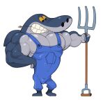  analon_(artist) anthro biceps clothing farmer fin fish grey_body looking_down male marine muscular muscular_anthro muscular_male overalls pecs pose shark sharko smile solo teeth zig_and_sharko 