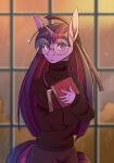  2020 absurd_res big_glasses blush book bottomwear clothing equid equine eyewear female friendship_is_magic fur glasses hair hasbro hi_res horn looking_at_viewer mammal my_little_pony pants ponsex purple_body purple_eyes purple_fur purple_hair solo sweater topwear turtleneck twilight_sparkle_(mlp) unicorn 