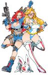  2girls animal_ears black_hops blonde_hair blue_eyes blue_footwear blue_gloves boots breasts cleavage clenched_hand crop_top crossover fake_animal_ears fingerless_gloves gloves green_eyes gun hair_behind_ear holding holding_gun holding_weapon kafun kamen_america kamen_america_(comic) knee_pads large_breasts long_hair mask mechanical_ears multiple_girls navel penelope_freling red_hair smile star_cutout submachine_gun superhero thigh_boots thighhighs u.s.a.-g.i. v-shaped_eyebrows weapon 