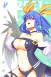  1girl 2021 asymmetrical_wings bare_shoulders belt black_panties blue_hair breasts bug butterfly center_opening choker clover collarbone dated detached_sleeves dizzy_(guilty_gear) eyebrows_visible_through_hair four-leaf_clover guilty_gear guilty_gear_x guilty_gear_xx hair_between_eyes hair_ribbon hair_rings highres huki insect large_breasts long_hair long_sleeves navel open_mouth panties puffy_long_sleeves puffy_sleeves red_eyes ribbon simple_background solo stomach tail teeth thigh_strap thighhighs thighs twintails underwear wings yellow_ribbon 