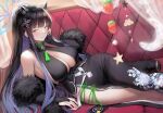  1girl absurdres animal_ears black_dress black_hair blue_archive breasts cat_ears china_dress chinese_clothes cleavage couch decorations dress floral_print fur_trim hair_ornament highres large_breasts long_hair looking_at_viewer lying mochirong off_shoulder on_side shun_(blue_archive) 
