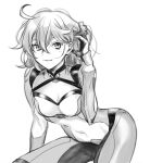 1girl ahoge bodysuit breasts chaldea_combat_uniform cleavage closed_mouth covered_navel fate/grand_order fate_(series) fujimaru_ritsuka_(female) gloves greyscale hair_ornament hair_scrunchie looking_at_viewer monochrome scrunchie short_hair simple_background smile solo thighs uni_(nico02) white_background 