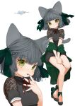 1girl :t animal_ears bangs black_dress black_footwear blush bow cat_ears cat_girl cat_tail closed_mouth dress eyebrows_visible_through_hair face fingernails gotoh510 green_bow green_eyes grey_hair hair_bow hair_ornament hairclip hand_to_own_mouth hand_up hands hands_together head_tilt heart highres interlocked_fingers looking_at_viewer multiple_views nail_polish neck_ribbon original own_hands_together personification pout red_neckwear red_ribbon ribbon see-through see-through_sleeves shoes short_hair short_sleeves signature simple_background sitting tail tongue tongue_out white_background x_hair_ornament 