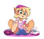  2021 4_toes activision anthro bandicoot barefoot beanie blep blonde_hair blue_bottomwear blue_clothing blue_shorts bottomwear clothing coco_bandicoot crash_bandicoot_(series) cutoffs denim denim_clothing feet female foot_focus footwear green_eyes hair hat headgear headwear hotbrotcafe kuroi_wolf mammal marsupial shirt shoes shorts simple_background sitting soles solo t-shirt toes tongue tongue_out topwear totally_tubular_coco video_games white_background 