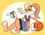  2021 anthro basketball basketball_uniform beverage bottomwear buckteeth clothing drugs english_text female full-length_portrait gloves half-closed_eyes handwear hi_res holding_beverage holding_can holding_object lagomorph leporid lola_bunny looney_tunes mammal marijuana mountain_dew narrowed_eyes portrait rabbit shirt shorts shortstackflapjacks sitting smoking solo space_jam space_jam:_a_new_legacy sportswear stoned substance_intoxication tank_top teeth text topwear uniform warner_brothers 