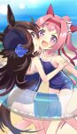  2girls absurdres animal_ears bangs beach blue_headwear blue_swimsuit blush brown_hair commentary_request day ear_covers eyebrows_visible_through_hair flower haru_urara_(umamusume) hat hat_flower headband highres hizuki_yayoi horse_ears horse_girl horse_tail innertube long_hair looking_at_viewer multiple_girls one-piece_swimsuit open_mouth outdoors ponytail rice_shower_(umamusume) rose sidelocks swimsuit tail tilted_headwear umamusume 