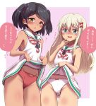  2girls aqua_eyes bangs black_hair blonde_hair blush dress dress_lift eyebrows_visible_through_hair grecale_(kancolle) green_eyes hair_between_eyes hair_ornament hair_ribbon hairclip highres kantai_collection lifted_by_self long_hair multiple_girls open_mouth panties red_panties ribbon sailor_dress scirocco_(kancolle) simple_background sleeveless sleeveless_dress speech_bubble striped striped_neckwear sweat translation_request two-tone_background unagiman underwear white_dress white_panties 