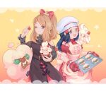  2girls :d alcremie alcremie_(strawberry_sweet) apron artist_name baking_sheet bare_shoulders black_hair blush bow buttons chef_hat closed_mouth dawn_(pokemon) dress eyelashes food fruit gen_5_pokemon gen_8_pokemon grey_eyes hair_bow hair_ornament hairclip hat holding light_brown_hair long_hair long_sleeves mootecky multiple_girls open_mouth oven_mitts pokemon pokemon_(creature) pokemon_(game) pokemon_masters_ex red_mittens serena_(pokemon) sidelocks smile strawberry tongue whimsicott white_headwear 