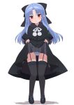  1girl :o bangs black_bow black_capelet black_dress black_footwear black_legwear blue_hair blush bow capelet dress dress_lift eyebrows_visible_through_hair full_body fur_collar fur_trim garter_straps hair_bow half_updo head_tilt large_bow len_(tsukihime) lifted_by_self long_hair long_sleeves looking_at_viewer mary_janes open_mouth panties parted_bangs pointy_ears red_eyes shoes sidelocks simple_background solo standing stroma thighhighs tsukihime underwear white_background white_panties 