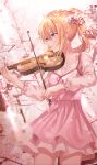  1girl absurdres ahoge bangs blonde_hair blue_eyes cherry_blossoms collarbone commentary_request cowboy_shot day highres holding holding_instrument instrument long_hair long_sleeves looking_away looking_to_the_side miyazono_kawori music outdoors petals pink_skirt playing_instrument ponytail ribbon shigatsu_wa_kimi_no_uso shirt skirt solo tokkyu violin 