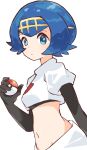  1girl absurdres black_gloves blue_eyes blue_hair closed_mouth commentary cosplay cropped_jacket elbow_gloves from_side gloves hairband hand_up highres holding holding_poke_ball jacket jessie_(pokemon) jessie_(pokemon)_(cosplay) lana_(pokemon) looking_to_the_side midriff navel poke_ball poke_ball_(basic) pokemon pokemon_(game) pokemon_sm short_hair short_sleeves simple_background skirt solo suke_(sk_srn) team_rocket_uniform trial_captain white_background white_jacket white_skirt yellow_hairband 